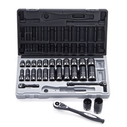 27 Piece 3/8 Drive 12-Point Imperial, Standard & Deep Socket Set Dual Action