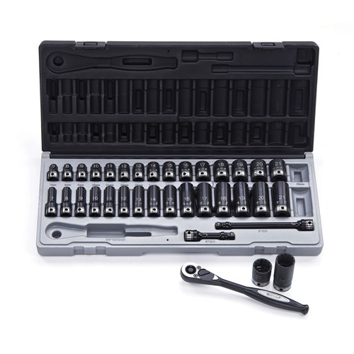 35 Piece 3/8 Drive 12-Point Metric, Standard & Deep Socket Set Dual Action