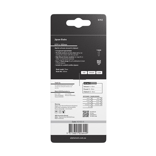 Alpha Jigsaw Blade | 6 TPI | 100mm | Clean Cut | CV (x5)
