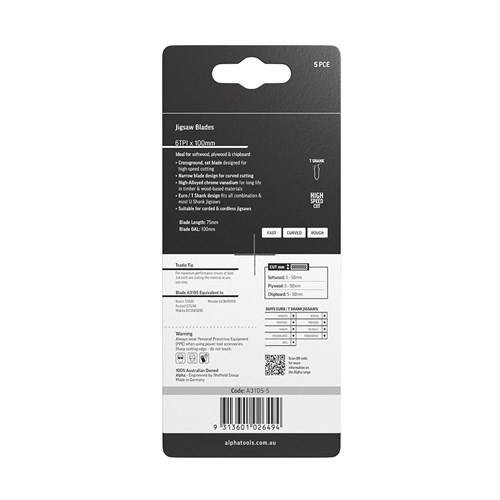 Alpha Jigsaw Blade | 6 TPI | 100mm | Rough Cut | CV (x5)