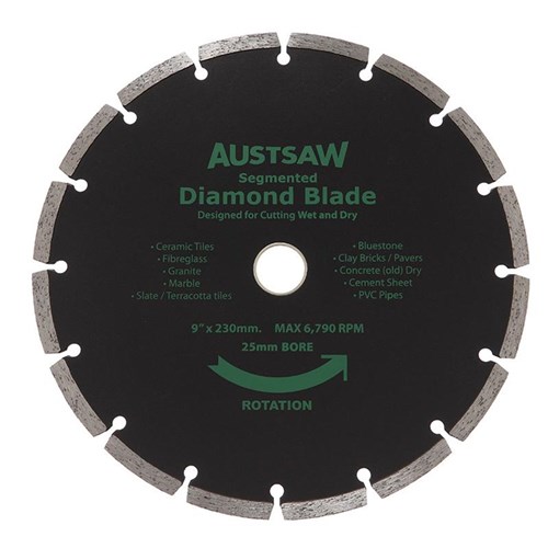 Austsaw - 230mm (9in) Diamond Blade Segmented - 25/22.2mm Bore - Segmented