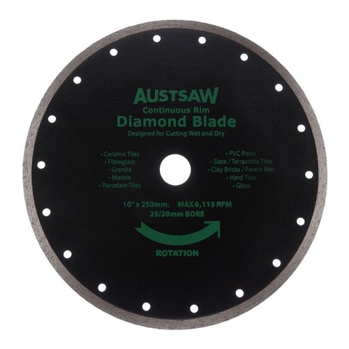 Austsaw - 250mm(10in) Diamond Blade Continuous Rim - 25/20mm Bore - Continuous