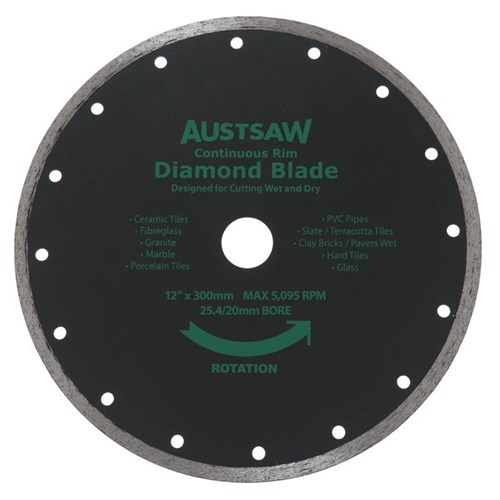 Austsaw - 300mm(12in) Diamond Blade Continuous Rim - 25.4/20mm Bore - Continuous