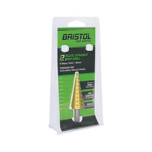 Bristol Step Drill Straight Flute 4-20mm, 9 Step, Carded