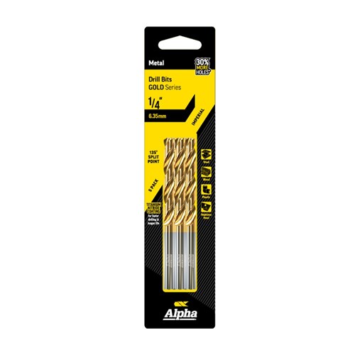 1/4in (6.35mm) Jobber Drill Bit - Gold Series 5 pce Trade Pack