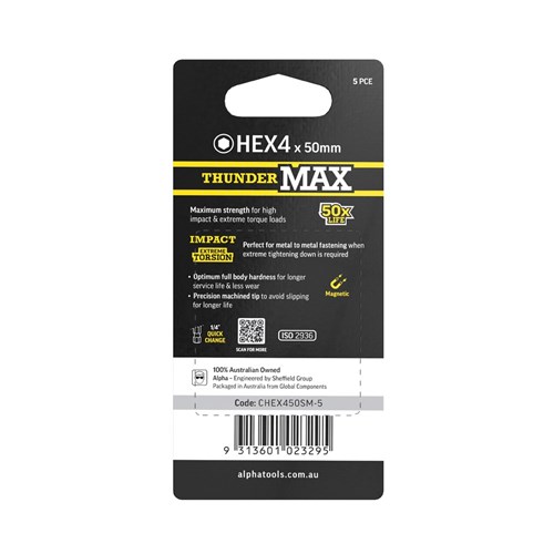 ThunderMax HEX4 x 50mm Impact Power Bit Carded | 5 Pack
