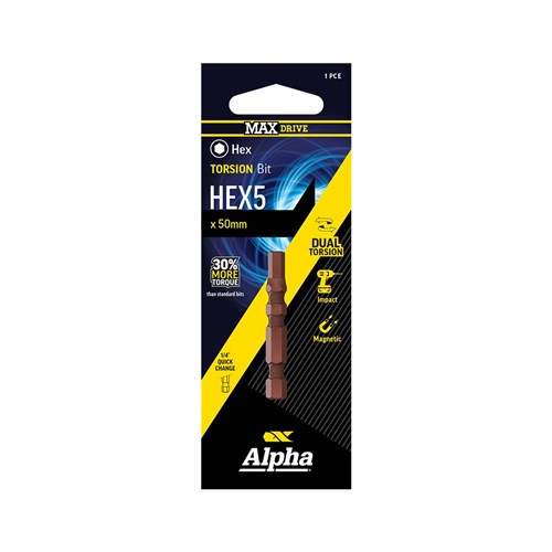 HEX5 x 50mm MAXdrive Torsion Driver Bit Carded