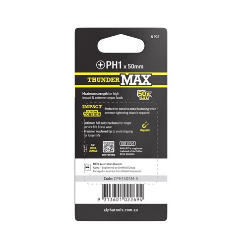 ThunderMax PH1 x 50mm Impact Power Bit Carded | 5 Pack