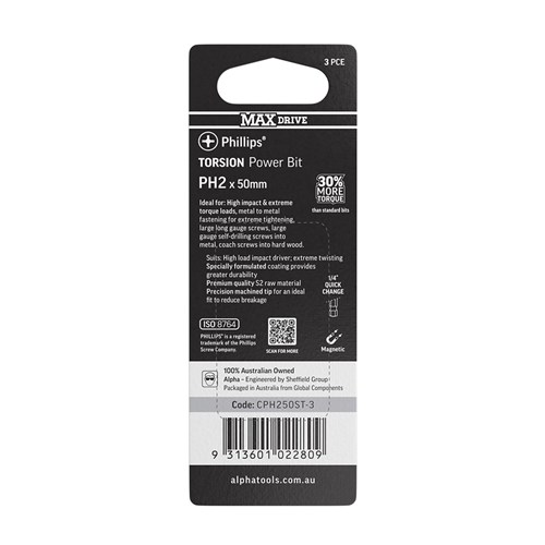 PH2 x 50mm MAXdrive Torsion Power Bit Carded | 3 Pack