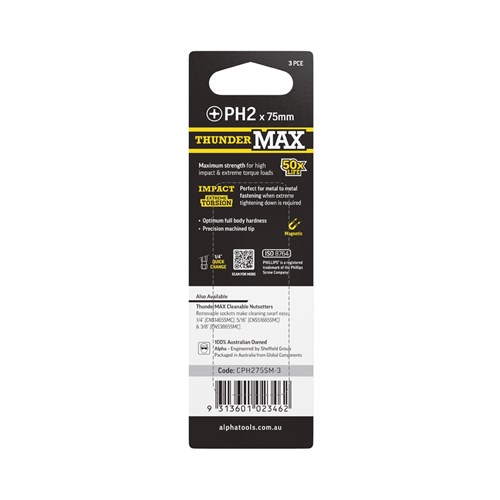 ThunderMax PH2 x 75mm Impact Power Bit Carded | 3 Pack
