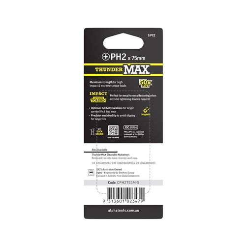 ThunderMax PH2 x 75mm Impact Power Bit Carded | 5 Pack