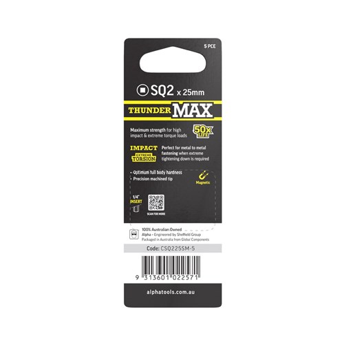 ThunderMax SQ2 x 25mm Impact Insert Bit Carded | 5 Pack