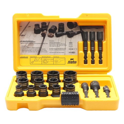 19 Pce | Alpha Damaged Nut and Bolt Extractor Set - 1/4in & 3/8in Drive Met/Imp