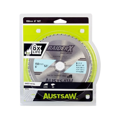 Austsaw RaiderX Sheet Metal Blade 150mm x 20 x 52T Cermet.