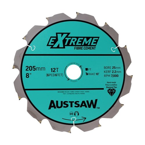 Austsaw - 205mm ( 8in) Polycrystalline Diamond Blade - 25mm Bore - 6PCD 6TCT Teeth