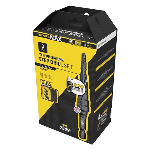 3 Piece | Alpha ThunderMAX Step Tuffbox Pro Drill Set | Bonus 120ml Lubricant