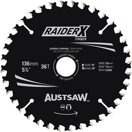 Austsaw RaiderX Timber Blade 136mm x 20/16 Bore x 36 T Thin Kerf