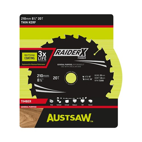 Austsaw RaiderX Timber Blade 210mm x 25/16 Bore x 20 T Thin Kerf