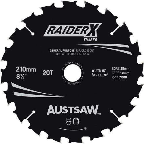 Austsaw RaiderX Timber Blade 210mm x 25/16 Bore x 20 T Thin Kerf