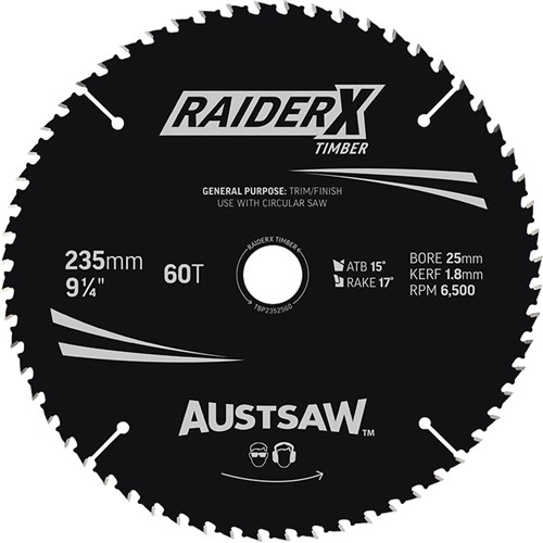 Austsaw RaiderX Timber Blade 235mm x 25 Bore x 60 T Thin Kerf