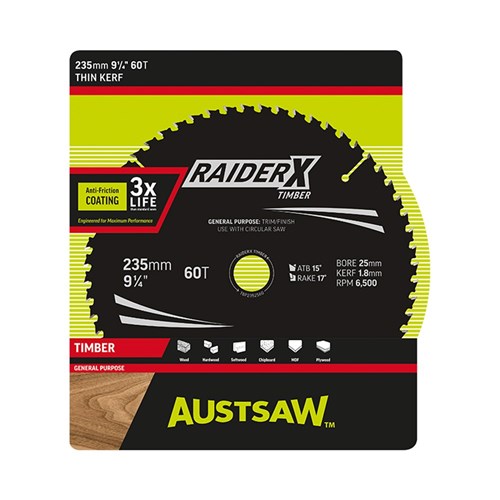 Austsaw RaiderX Timber Blade 235mm x 25 Bore x 60 T Thin Kerf