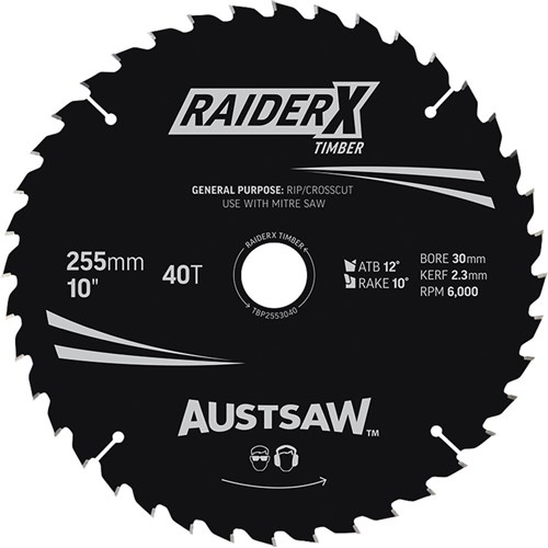 Austsaw RaiderX Timber Blade 255mm x 30 Bore x 25.4mm Bush 40 T Thin Kerf