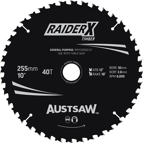 Austsaw RaiderX Timber Blade 255mm x 30 Bore x 25.4mm Bush 40 T Table Saw