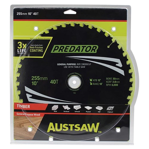 Austsaw RaiderX Timber Blade 255mm x 30 Bore x 25.4mm Bush 40 T Table Saw