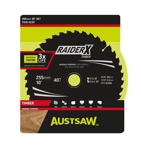 Austsaw RaiderX Timber Blade 255mm x 30 Bore x 25.4mm Bush 40 T Thin Kerf