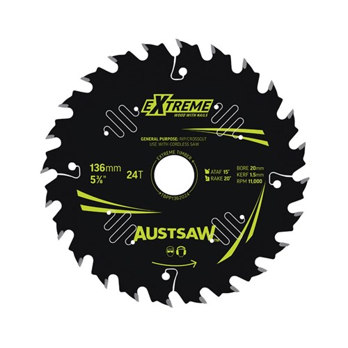 Austsaw Extreme: Wood with Nails Blade 136mm x 20/16 Bore x 24 T Thin Kerf