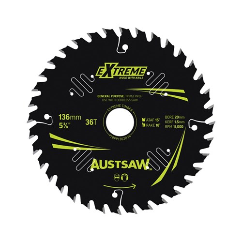 Austsaw Extreme: Wood with Nails Blade 136mm x 20/16 Bore x 36 T Thin Kerf