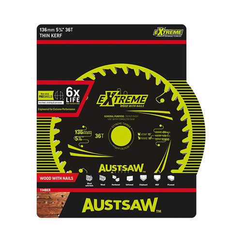 Austsaw Extreme: Wood with Nails Blade 136mm x 20/16 Bore x 36 T Thin Kerf