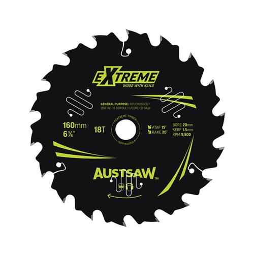 Austsaw Extreme: Wood with Nails Blade 160mm x 20/16 Bore x 18 T Thin Kerf