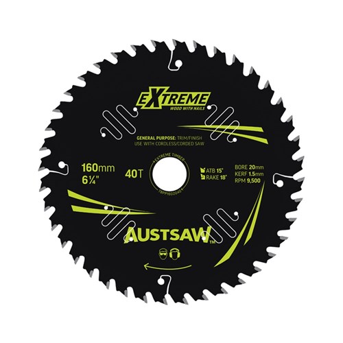 Austsaw Extreme: Wood with Nails Blade 160mm x 20/16 Bore x 40 T Thin Kerf