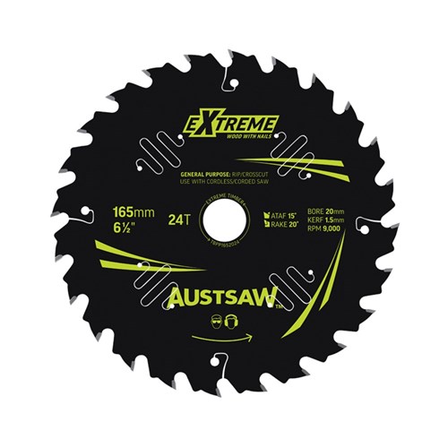 Austsaw Extreme: Wood with Nails Blade 165mm x 20/16 Bore x 24 T Thin Kerf