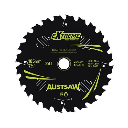 Austsaw Extreme: Wood with Nails Blade 185mm x 20/16 Bore x 24 T