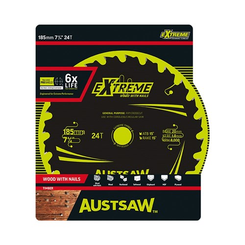 Austsaw Extreme: Wood with Nails Blade 185mm x 20/16 Bore x 24 T