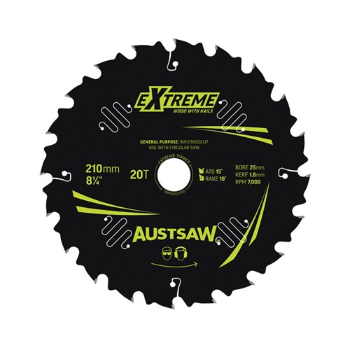 Austsaw Extreme: Wood with Nails Blade 210mm x 25/16 Bore x 20 T Thin Kerf