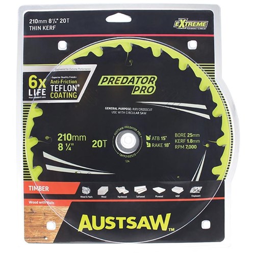 Austsaw Extreme: Wood with Nails Blade 210mm x 25/16 Bore x 20 T Thin Kerf