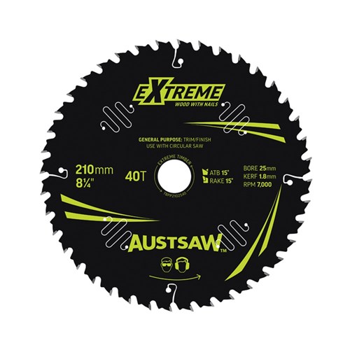 Austsaw Extreme: Wood with Nails Blade 210mm x 25/16 Bore x 40 T Thin Kerf