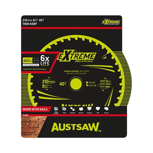 Austsaw Extreme: Wood with Nails Blade 210mm x 25/16 Bore x 40 T Thin Kerf