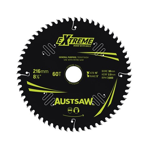 Austsaw Extreme: Wood with Nails Blade 216mm x 30/15.88 Bore x 60 T Thin Kerf