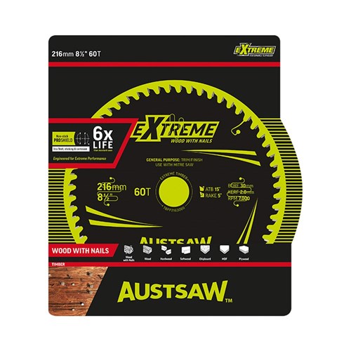 Austsaw Extreme: Wood with Nails Blade 216mm x 30/15.88 Bore x 60 T Thin Kerf