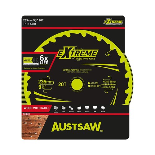 Austsaw Extreme: Wood with Nails Blade 235mm x 25 Bore x 20 T Thin Kerf