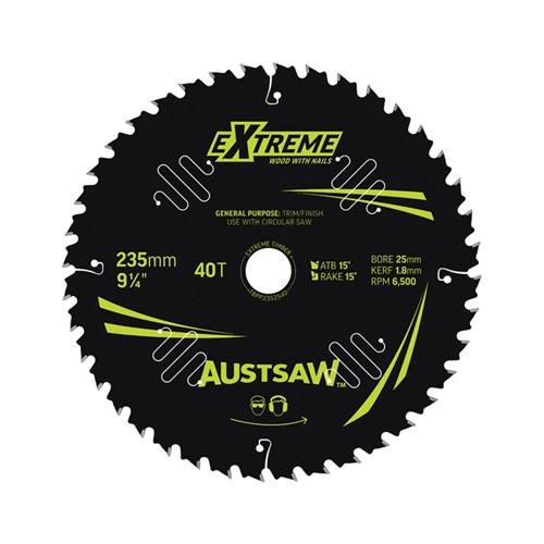 Austsaw Extreme: Wood with Nails Blade 235mm x 25 Bore x 40 T Thin Kerf