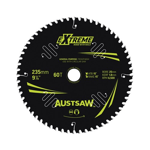 Austsaw Extreme: Wood with Nails Blade 235mm x 25 Bore x 60 T Thin Kerf