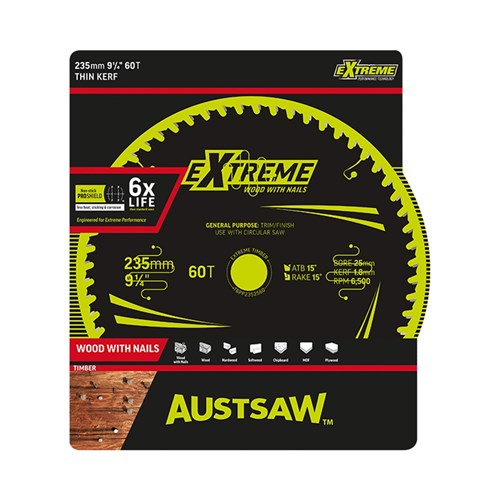 Austsaw Extreme: Wood with Nails Blade 235mm x 25 Bore x 60 T Thin Kerf