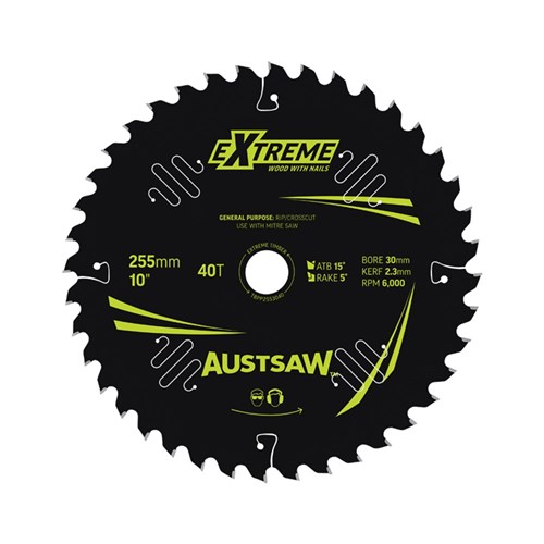 Austsaw Extreme: Wood with Nails Blade 255mm x 30 Bore x 40 T Thin Kerf