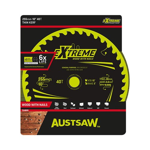 Austsaw Extreme: Wood with Nails Blade 255mm x 30 Bore x 40 T Thin Kerf