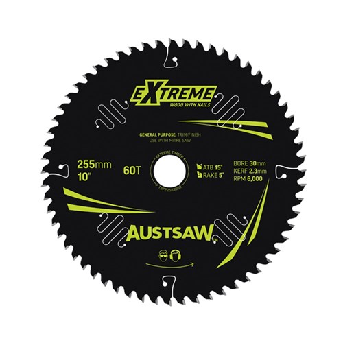 Austsaw Extreme: Wood with Nails Blade 255mm x 30 Bore x 60 T Thin Kerf